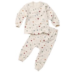 withorganic 孩童印花長袖圓領鈕釦T恤+鬆緊帶長褲