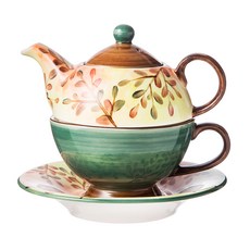 手繪茶壺連杯組合, 綠橙葉, 1個