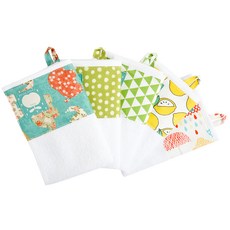 Coney Island 男童拼接圖案印花掛繩毛巾組 J款, 綠色圓點款+綠色三角形款+檸檬款+雨天款+兔子款