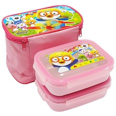 Pororo 孩童印花不鏽鋼便當盒 2入+便當袋組, 1組, 粉色