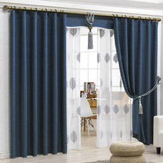 亞麻遮光窗簾 2入, 深藍