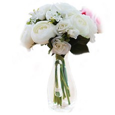 THE FLOWERMARKET 人造花束 奶油白+玻璃花瓶組, 1套