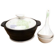 LKmade 韓式傳統雙耳陶瓷砂鍋+植物印花鍋蓋組 L號+隔熱墊+湯匙架+湯匙, 鍋架 22.5x19x7.8cm / 鍋架 15.5cm / 勺子 18cm / 勺子架 8.5cm