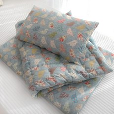 BEAUTE HOUSE 孩童棉質枕頭+無棉款棉被+睡墊, 小鳥款 藍色
