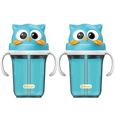 Edison 愛迪生 貓頭鷹造型雙層不鏽鋼吸管杯, 藍色, 300毫升, 2入