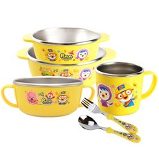 Pororo 印花防滑不鏽鋼餐具組, 黃色, 飯碗+湯碗+碗+杯子+湯匙+叉子