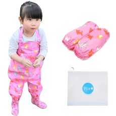 Plie 孩童花紋防水背帶連身褲+袖套+拉鍊袋組, 粉色動物款