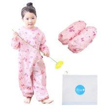 Plie 孩童花紋防水連身衣+袖套+拉鍊袋組, 粉色緞帶款