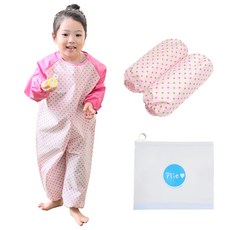 Plie 孩童藝術圍裙+袖套+夾鏈袋, 粉色(淺綠色圓點款)