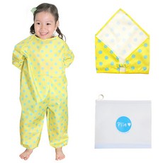 Plie 孩童拉鍊式連身畫畫衣+頭巾+夾鏈袋, 黃色(薄荷綠圓點款)