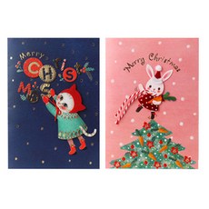 Somssi 貓咪與兔子聖誕卡片 2入 + 信封 2入 套組, 混合顏色, 1套
