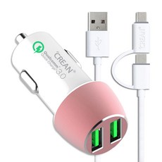 CREAN Quick Charge 3.0 雙孔車用充電器 + Type-C 2合1傳輸線, 粉紅色, CREQCAR3TW