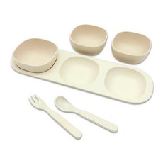 Le Detail 嬰兒餐碗&3格小菜碟+竹製湯匙叉子組, 象牙白, 1組