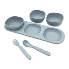 Le Detail 嬰兒餐碗&3格小菜碟+竹製湯匙叉子組, 灰色, 1組