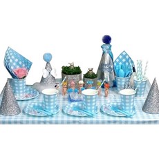 WOW PARTY KOREA 餐桌佈置組, 1套, 淺藍色全格紋