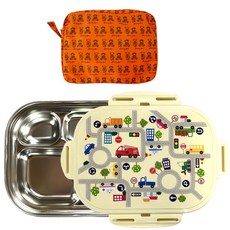 Kickyi 印花不鏽鋼餐盤便當盒組, 單色, 1組, 功能性可上鎖飯盒+蓋子+飯袋