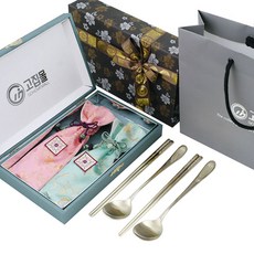 GOZIPMALL 皇室金絲竹花鈦金夫妻湯筷組, 混合色, 湯筷2套 + 筷架2個 + 金絲福氣餐具袋2入 + 薄荷綠禮盒 + 韓紙隨機包裝 + 購物袋