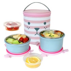 Lollimon 雙層不鏽鋼圓形便當盒 + 醬料罐組合, 粉紅色, 1套