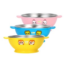 Edison 愛迪生 防滑不銹鋼兒童碗 390ml, 藍色獅子+粉色白兔+黃色貓頭鷹, 1組