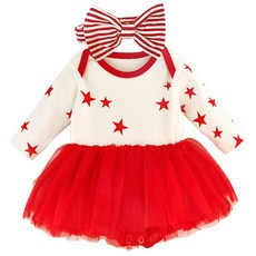 Mom's care 女孩童星星紗裙長袖包屁衣+蝴蝶結頭帶