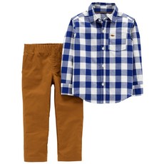 카터스 남아용 깅엄 앞버튼 긴팔 셔츠 + 캔버스 바지 2피스 세트