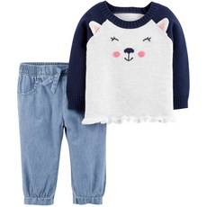 카터스 여아용 강아지 긴팔 스웨터 + 샴브레이 바지 2피스 세트