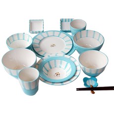 手繪藍色線條 2人份餐具組合, 1套