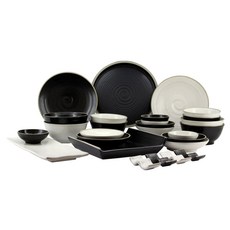 LIEN'CERAMIC Marie Mix Buncheong 4 人家庭套組 27p, 黑色+米色, 飯碗 4入+湯碗 4入+菜盤(小) 4入+菜盤(中) 4入+菜盤(大) 2入+筷架 4入+圓盤(大)+圓盤(中) 2入+方形餐盤+魚盤