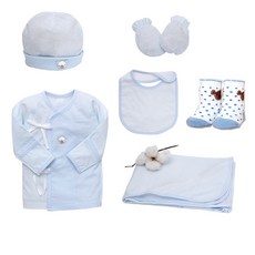 新生兒條紋刺繡肚衣+包巾+手套+帽子+圍兜+襪子