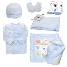 BabyBoom 新生兒條紋刺繡肚衣+包巾+手套+外出包巾+帽子+襪子