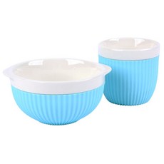 2deco 矽膠套陶瓷餐具組, 03號藍色, 杯子+碗