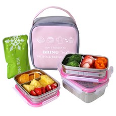 Bring Me 不鏽鋼3層便當盒 + 提袋 + 冰袋, 粉紅色, 1套