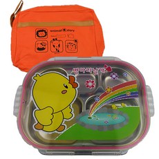 ALIM 印花不鏽鋼餐盤便當盒組, 粉色, 便當袋+餐盤+便當蓋