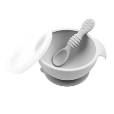 BUMKiNS 矽膠吸盤餐碗+湯匙, 灰色, 碗+湯匙+蓋子