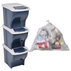 Livens 掀蓋式分類回收箱 40L*3入+塑膠袋 40L*100入+標誌貼紙, 灰藍色, 1組