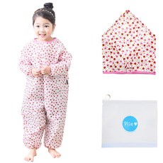 Plie 孩童草莓印花連身畫畫衣+頭巾+夾鏈收納袋, 粉色草莓款