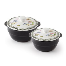 ZEN COOK 雙耳陶瓷砂鍋+花卉印花鍋蓋 2入組, 混色, 5號砂鍋+5號鍋蓋+6號砂鍋+6號鍋蓋