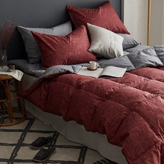 shez Home 質感線紋羽絨棉被寢具組, 羽絨被+枕套+薄床墊, 酒紅色