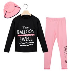 SPORDINO 女童款衝浪防曬字母印花長袖上衣+泳褲+遮陽帽3件組