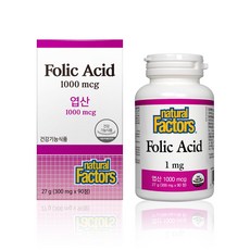 natural Factors 1000 微克葉酸補充劑, 90片, 1個