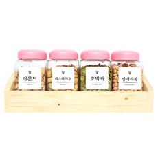 方型雜糧收納罐 粉蓋 4入+木頭收納盒+標籤貼紙 20款
