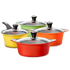 Kitchen-Art 陶瓷塗層鍋具 4入組 附玻璃鍋蓋4入, 單柄湯鍋18cm+雙耳湯鍋20cm+雙耳湯鍋24cm+24cm雙耳淺湯鍋, 混色