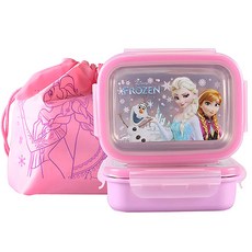 겨울왕국 이중락 2단 스텐도시락 + 주머니, 핑크, 1세트