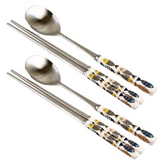 德利文小舖 藍魚陶瓷雙人餐具組, 湯匙 2p + 筷子 2p, 1套