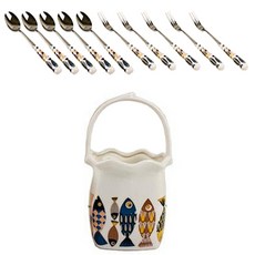 The Living Shop 藍魚荷葉邊高腳盤(大) + 5入茶匙與茶叉組, 藍魚, 高腳盤 + 5入茶匙 + 5入茶叉, 1個