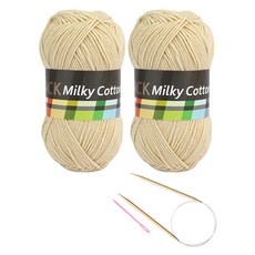 Brandyarn Milky Cotton 黑標 2入 + 高級輪針 5.0 mm + 塑膠毛線針 隨機出貨 精靈帽 & 暖手套 DIY 套組, 22號(主色)