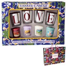 YANKee CANDLe Votive LOVE燭台4入 + 蠟燭4入 禮物組 + 提袋, 黑櫻桃, 潔淨棉, 檸檬薰衣草, 巴哈馬微風