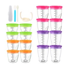 BeBeLock 副食品刻度密封保鮮盒組 16入+矽膠湯匙 隨機出貨+PP湯匙+收納盒+握把, 橘色+粉色+紫色+綠色, 1組