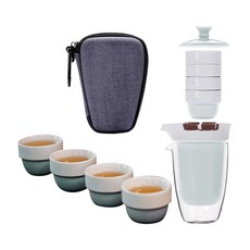 Deokhong Porcelain DH-L2 旅行茶道過濾宜人瓷器套組 灰色, 1套, Chaho + Gongdobae + Teacup 4p + Bag 隨機發貨