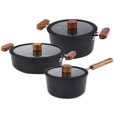 Kitchen-Art FORT+ IH感應爐適用木質握把不沾鍋具 3件組, 單柄鍋18cm+雙耳鍋20cm+湯鍋24cm, 混色